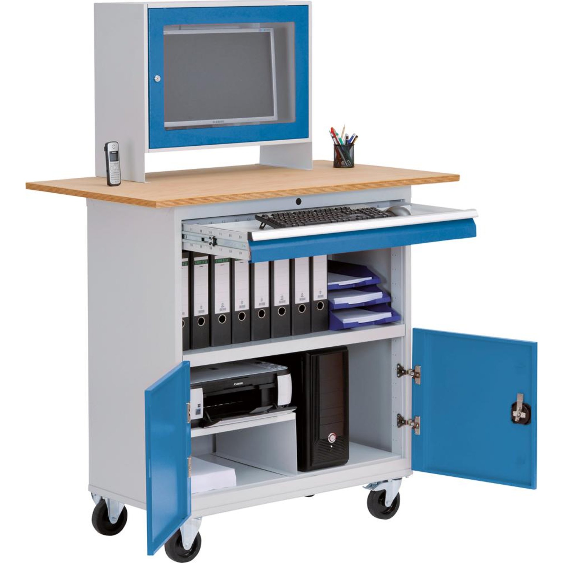 Computerschrank Office 2 mobil, Monitoraufsatz 1 Schublade, Buche MP B1200xT700xH1796mm